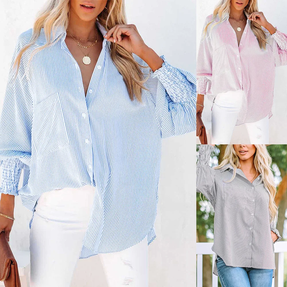 

Women's Summer Faion Casual Long Sve Striped irt Comfortable Breathable Top Quali Material Flip Collar Print Design