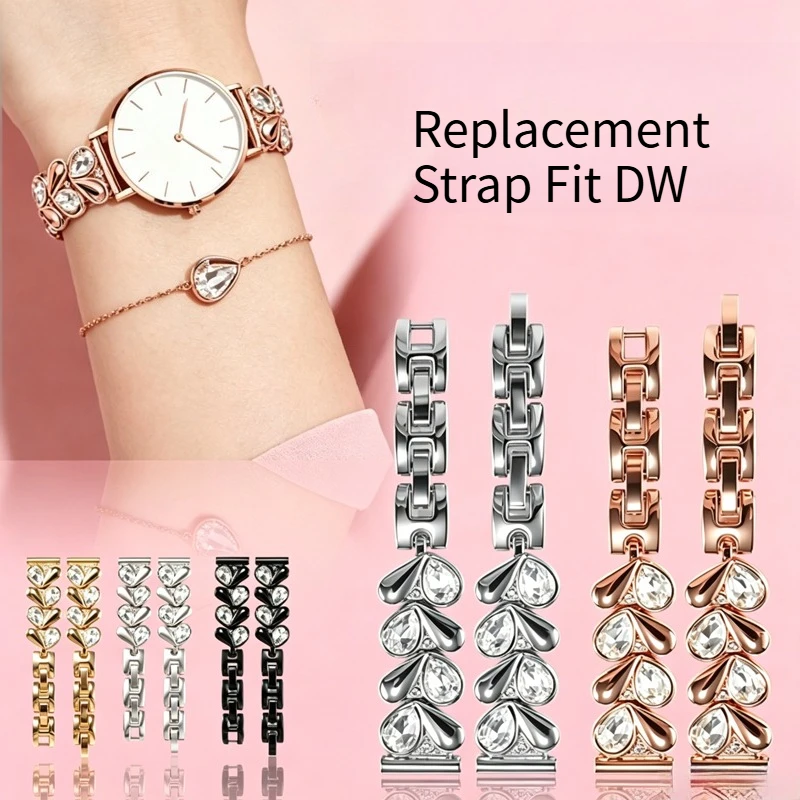 14MM Diamond Inlaid Stainless Steel Watch Band For Women, Replacement Strap Fit DW PETITE 32MM Rose Gold
