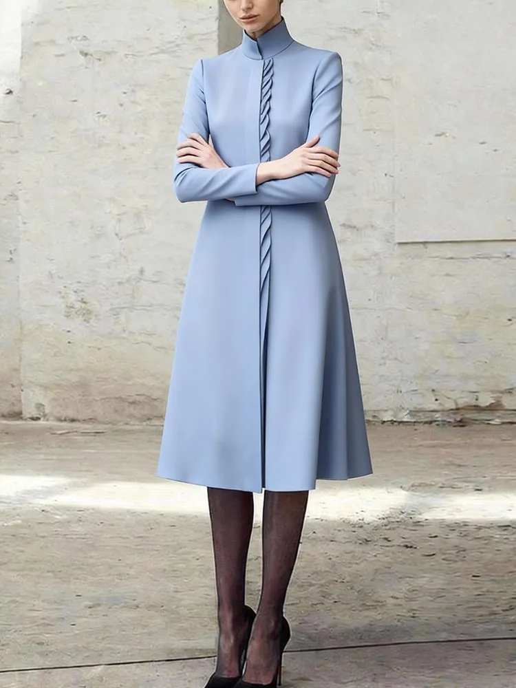 UOOZEE dames elegante gegolfde kantooroverhemdjurk 2026 nieuwe lange mouwen hoge hals effen kleur stedelijke casual midi-jurken gewaad