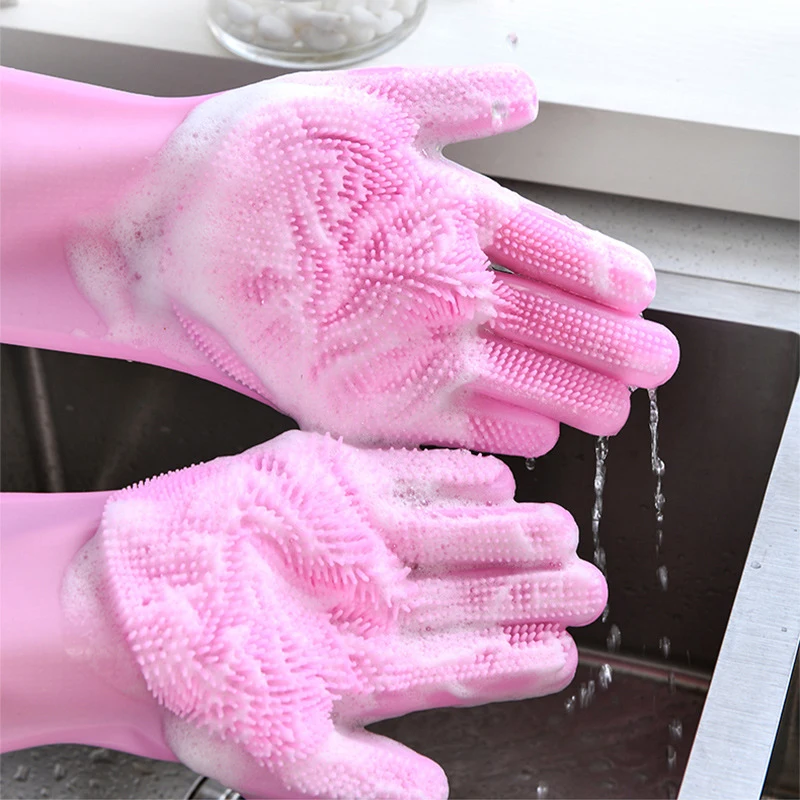 1 Pair Silicone Dishwashing Gloves Rubber Scrubbing Gloves Sponge Cleaning Brush for Dishes Housework Kitchen Cars