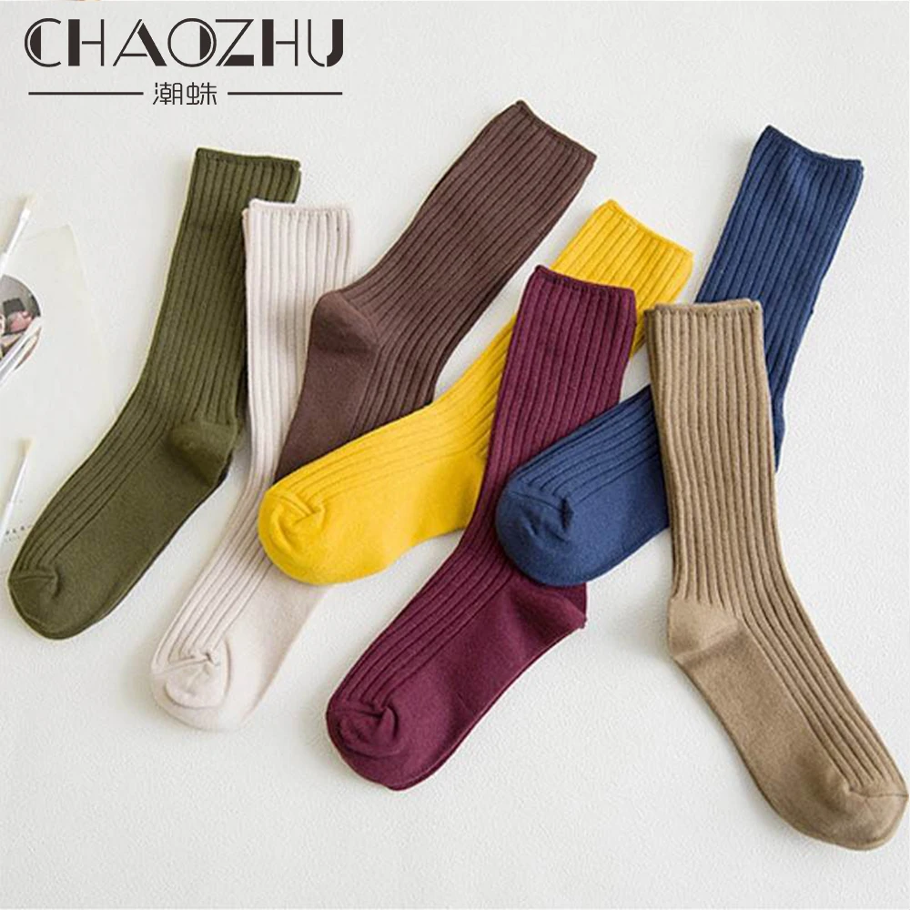 5 pairs solid ribbed crew socks women mixed color 4 seasons fit loose socks set daily basic sox