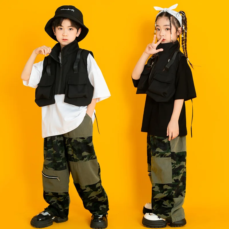 New Hip Hop Kids Wear Street Dance Clothes Camo Vest Calças de Manga Curta T Shirt Meninos Concerto Show Stage Costume 6 8 10 12 14 16Y