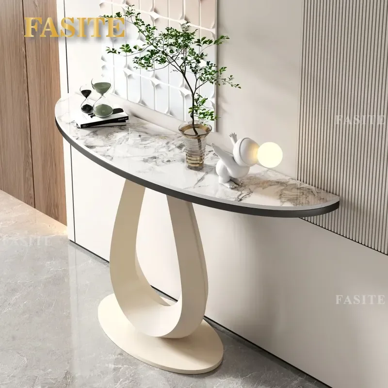 For Modern Living Room Cream Wind Light Luxury Semi-Circular Rock Slab Entrance Table Against The Wall Simple Entry End View