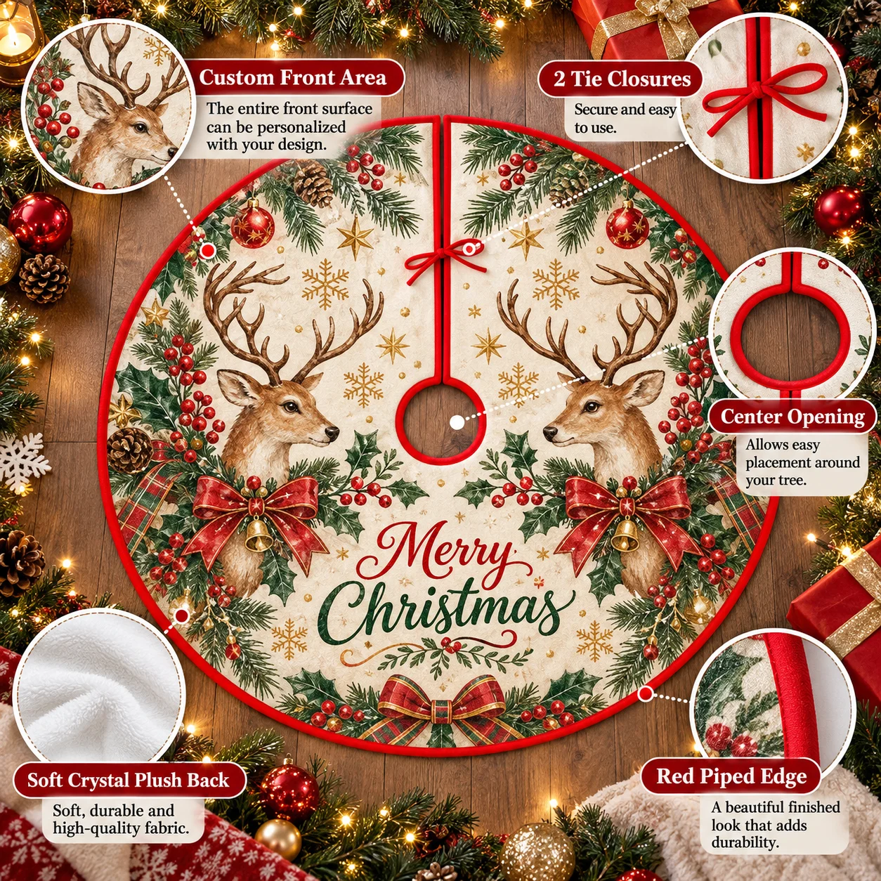 Custom Christmas Tree Skirt Super Soft Plush Personalized Reindeer Design for Family Holiday Party Home Xmas Decor