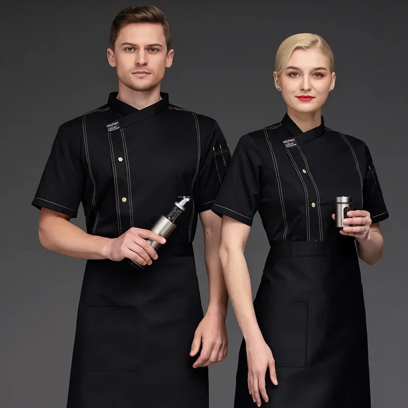 Commercio all'ingrosso Unisex ristorante uniforme panetteria servizio di ristorazione manica corta Chef uniforme cucinare vestiti Bar Cafe cameriere vestiti donne