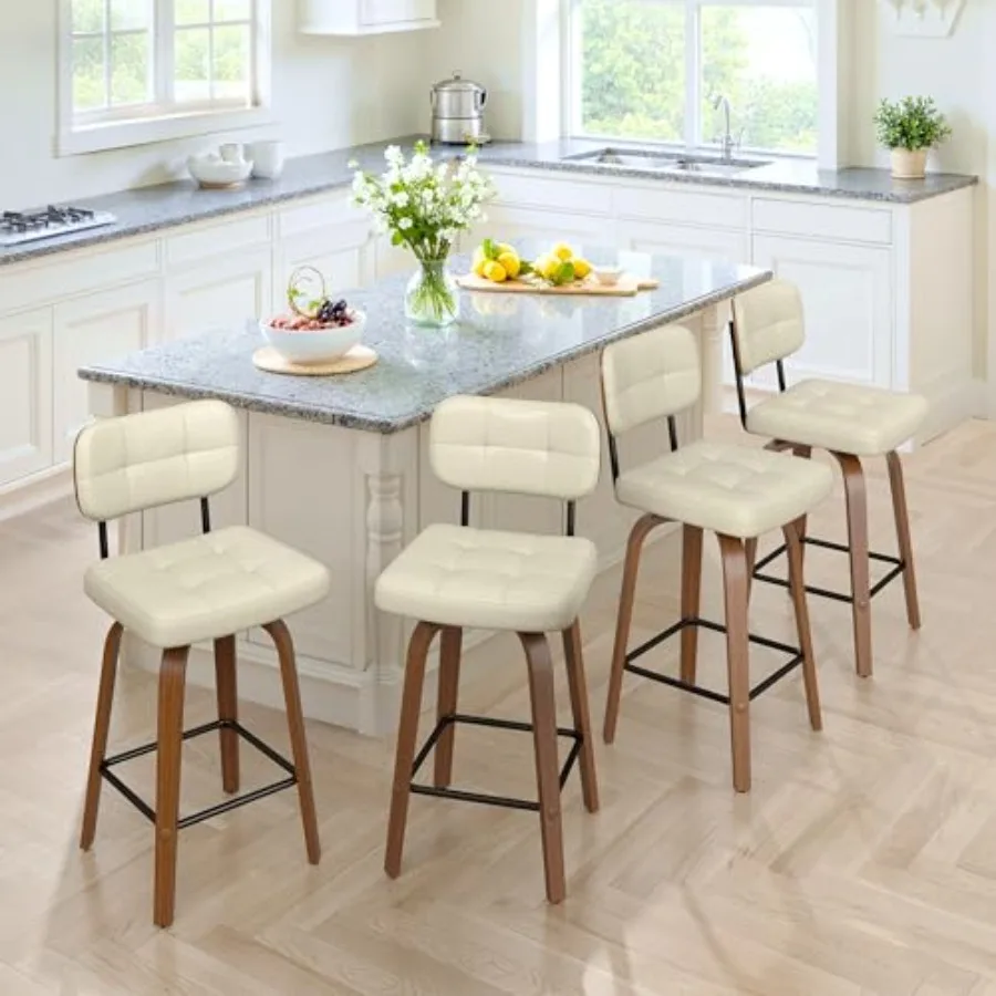 

Swivel Bar Stools Set of 4 26 Inch PU Leather Counter Height Stools Bentwood Back and Frame Bar Stools for Kitchen Island Beige