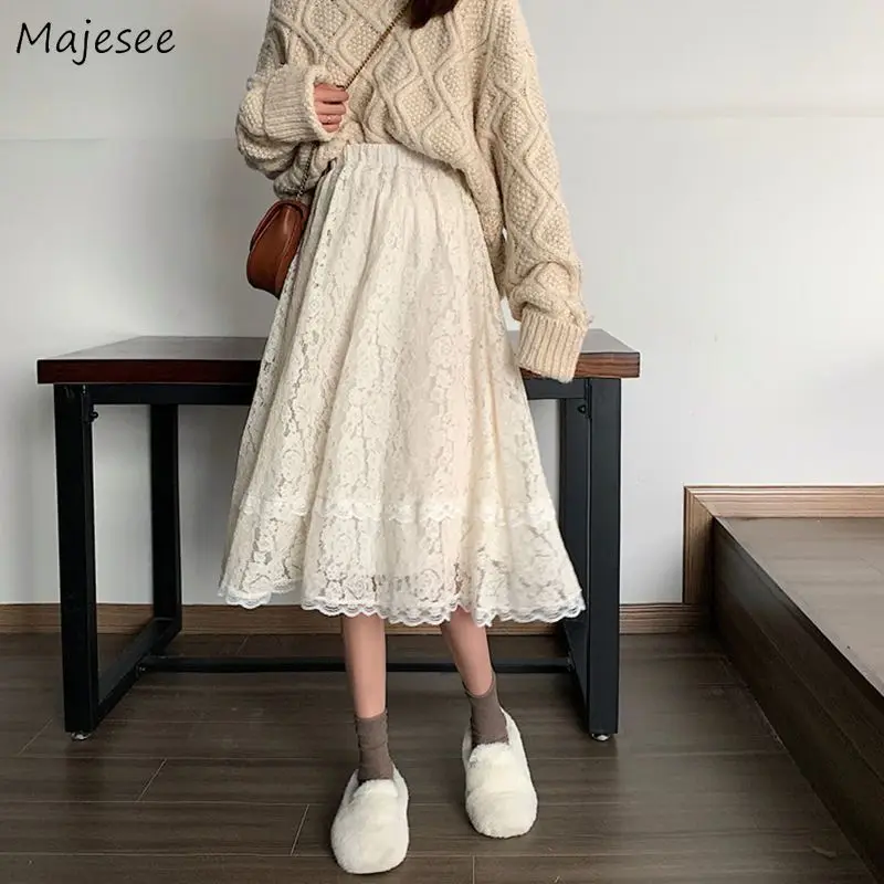 

Midi Skirts Women Summer Lace Pure High Waist Fashion Korean Style All-match A-line Popular Cozy Breathable College Faldas Mujer