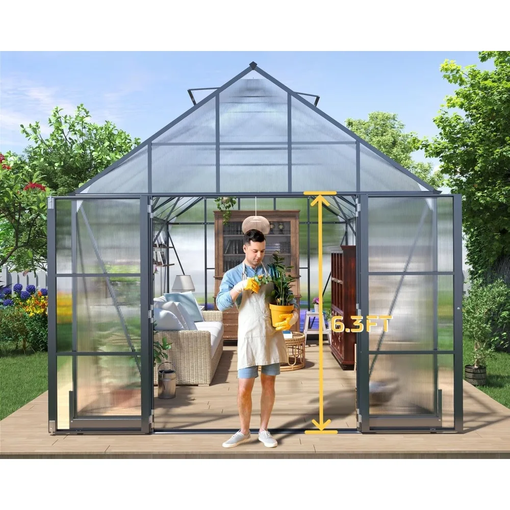 Greenhouse 10x16x10 FT Double Swing Doors and 4 Vents, 6.3FT Added Wall Height, Walk-in Large Aluminum Greenhouse Sunroom