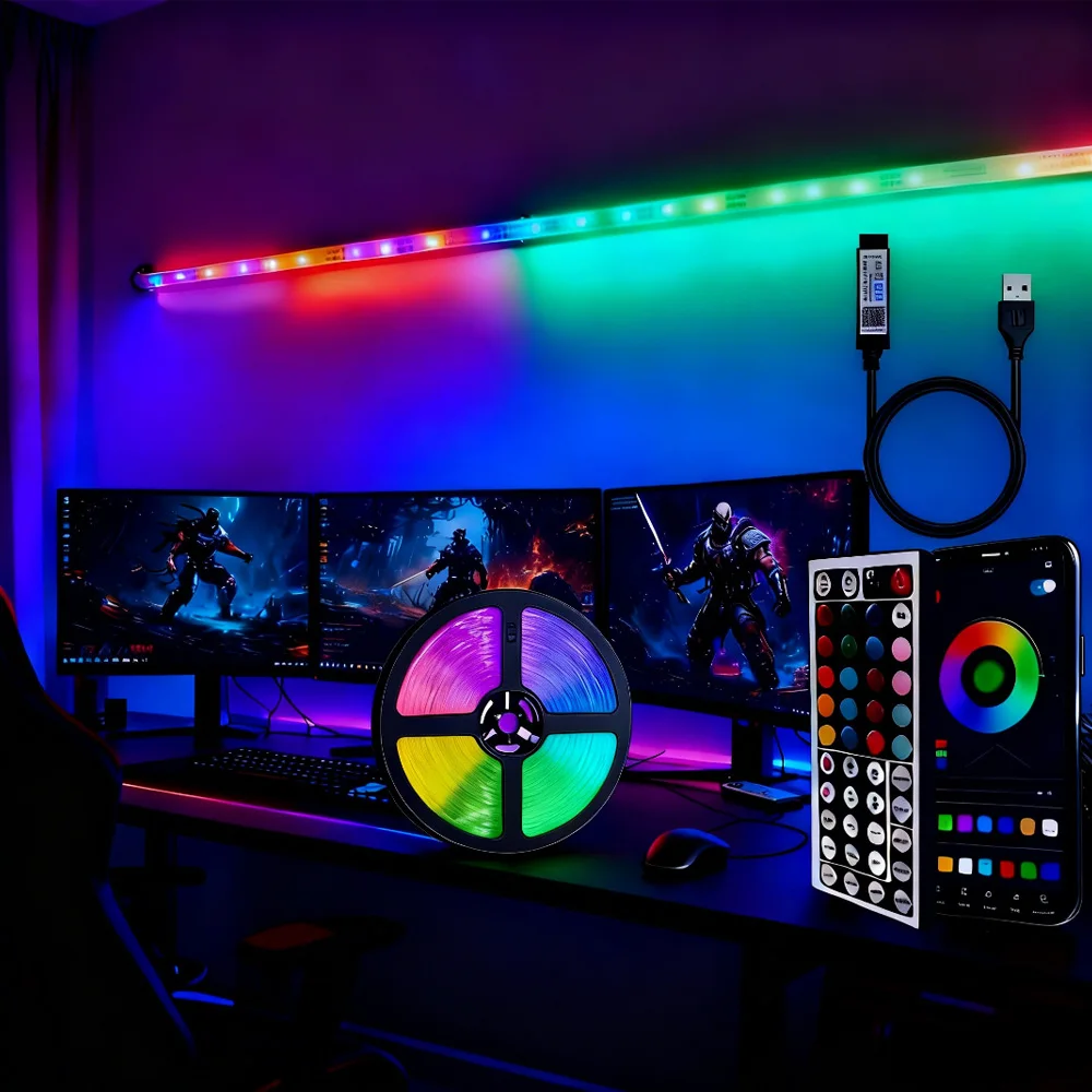 ไฟ LED แบบยืดหยุ่นพร้อมรีโมทคอนโทรล 44 ปุ่ม เชื่อมต่อผ่านบลูทูธและ USB สำหรับตกแต่งบ้าน ห้องนอน งานปาร์ตี้ และไฟแบ็คไลท์ทีวี