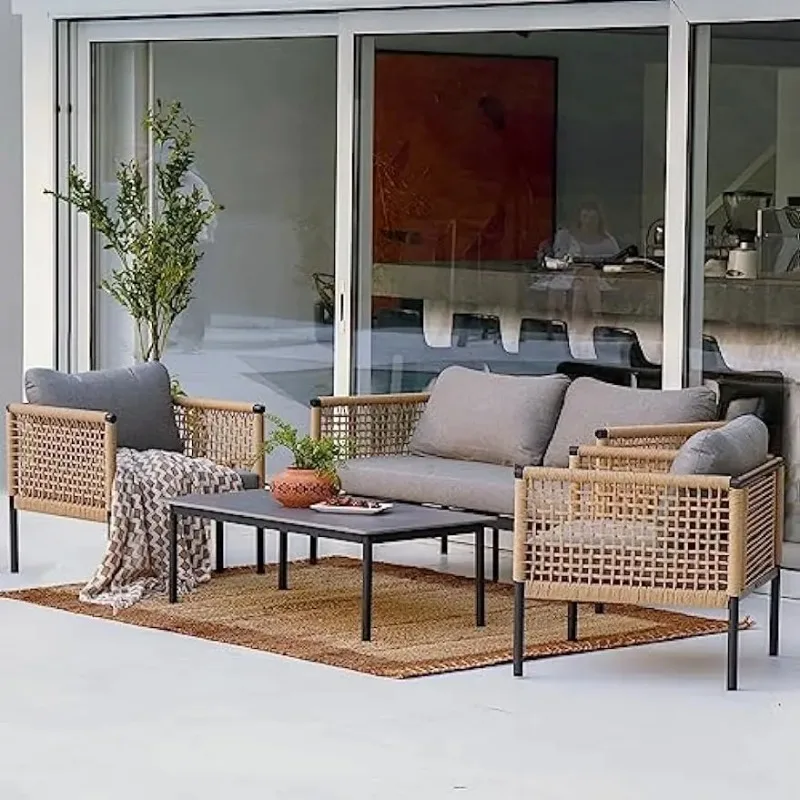 Outdoor 4-Piece Conversation Set All-Weather Aluminum Furniture Set Open-Weave Resin Wicker Olefin Modern Sofa Seating