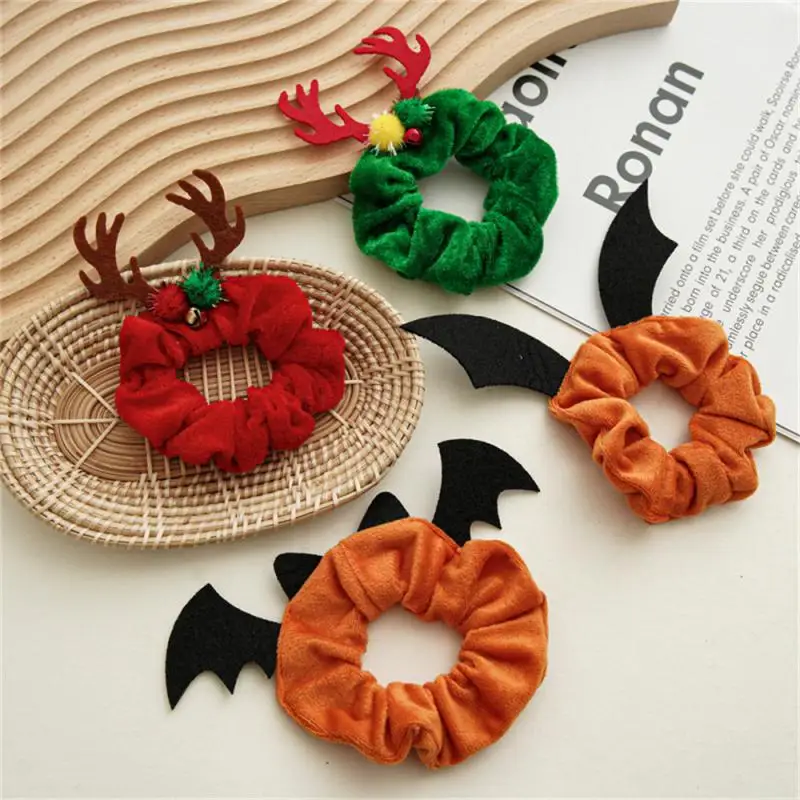 Halloween Hair Scrunchies Spider Bat Antlers Pumpkin Hair Rope For Girls Elastic Hair Bands Flannel Scrunchies Ponytail Holder