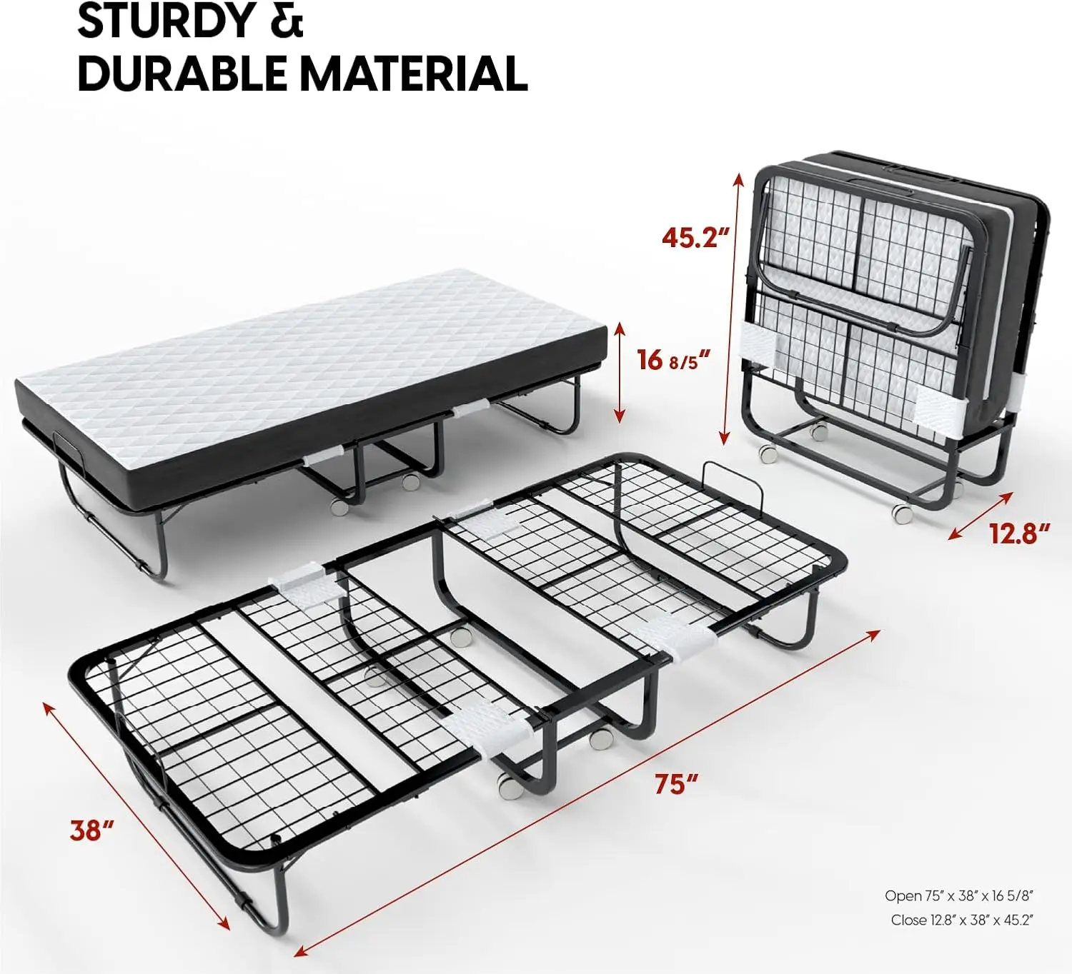 Folding Bed with Mattress - 75x38 Twin Size Bed Frame - Portable Roll Away Adult Bed for Guest - 5-inch Thick, Memory F