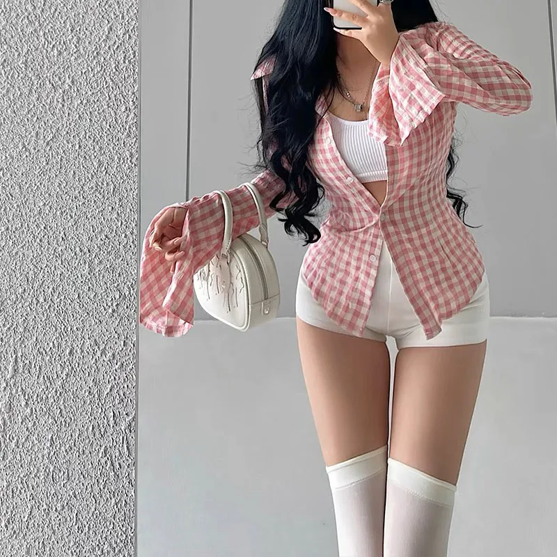 Pink Plaid Women Blouses Harajuku Korean Style Y2k Flare Sleeve Shirts Tunic Casual Sexy Crop Tops Gyaru Streetwear