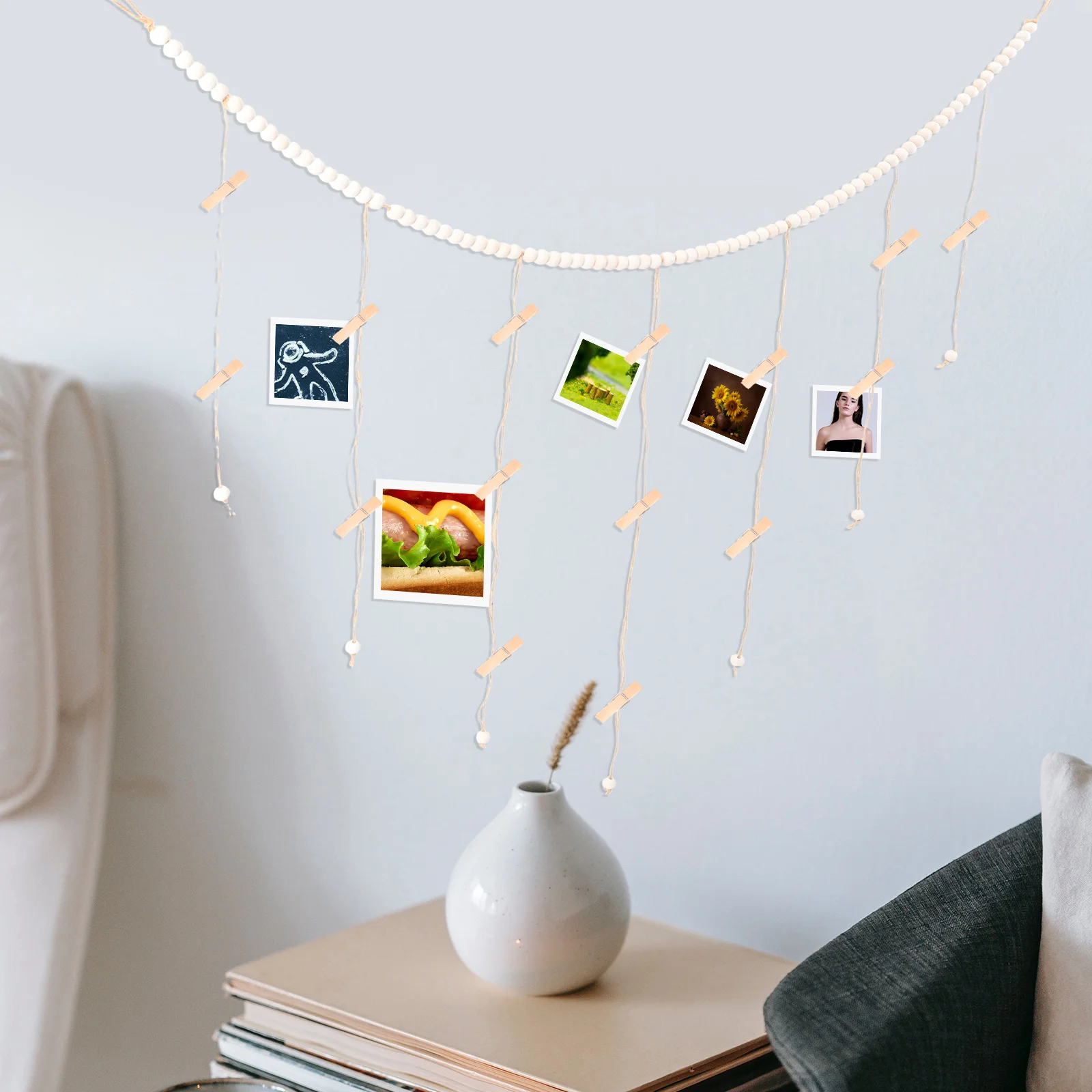 

Photo Display Wall Hanging Wooden Beads Garland DIY Art Clips for Pictures and Notes Wooden Beads Garland Sister Picture Frames