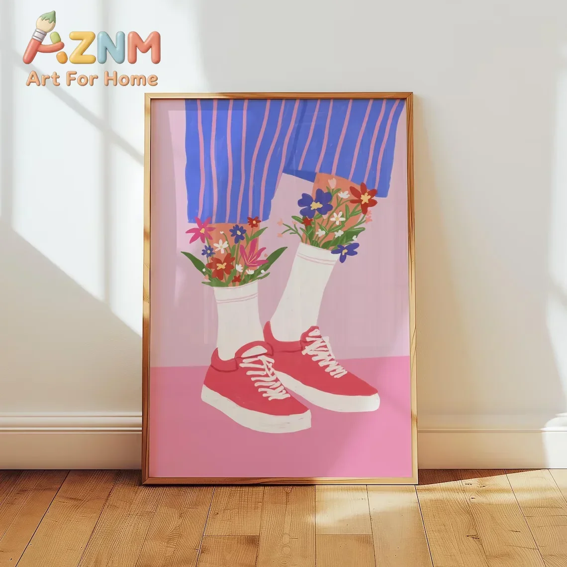 AZNM Red Sneakers Sock Flower Canvas Wall Art Colorful Modern Abstract Floral Foot Art Print Unframed Canvas Poster for Bedroom