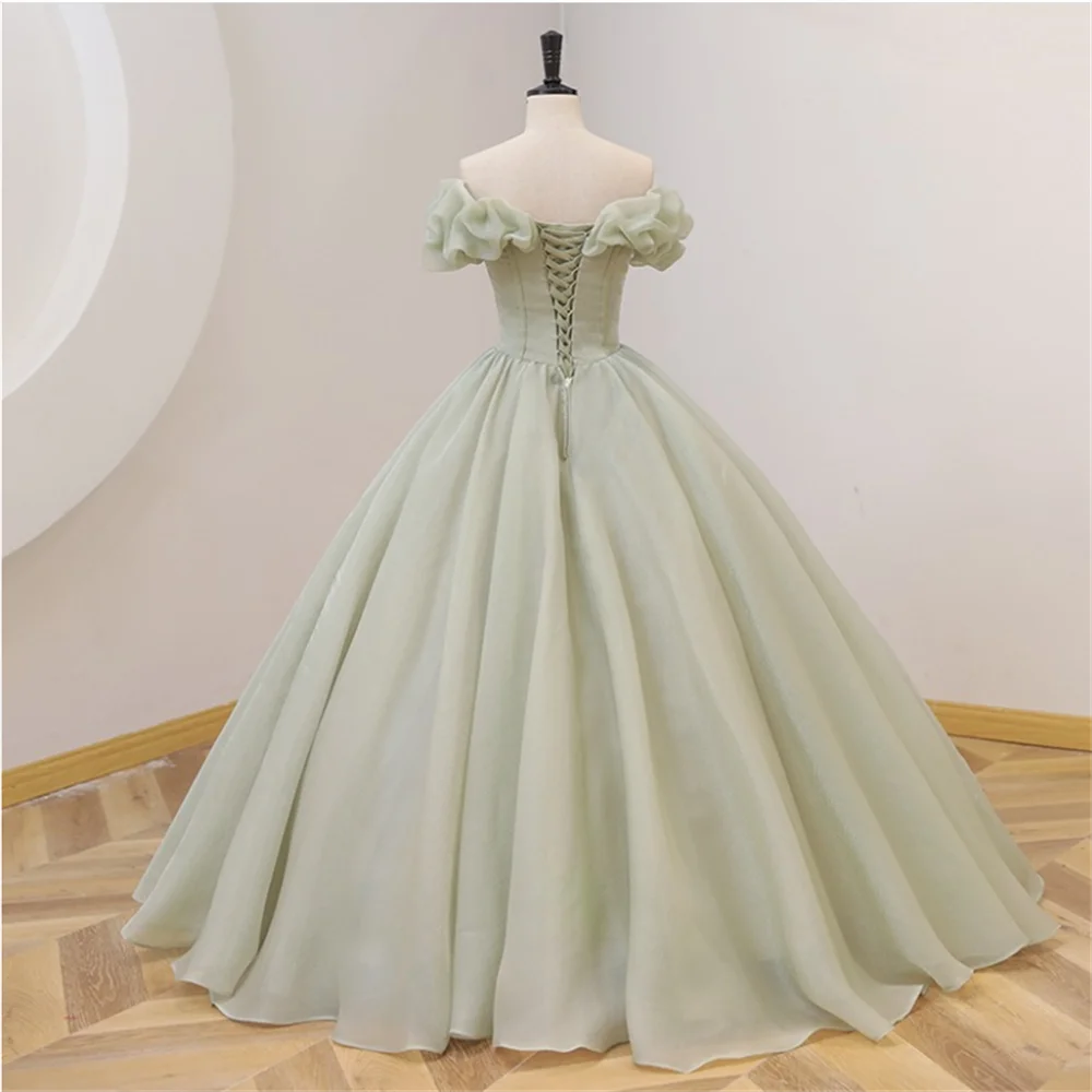 Vestido de novia de tul elegante verde claro, sesión de fotos de Corea, vestido de novia con manga acampanada, largo hasta el suelo personalizado ﻿ A037