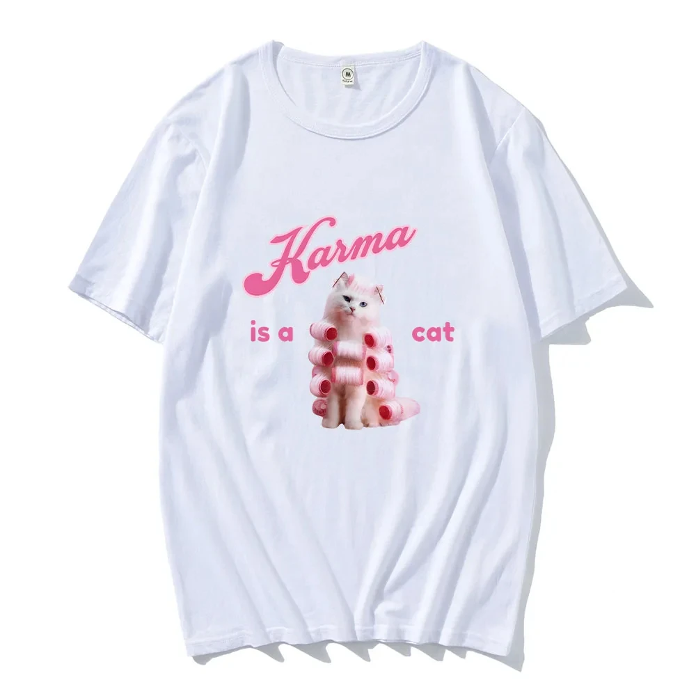 Karma Is A Cat T-shirts for Summer Cute Aesthetic Cotton Printing Tees Boys Girls Fashion Casual Top Cute Funny Harajuku Tee