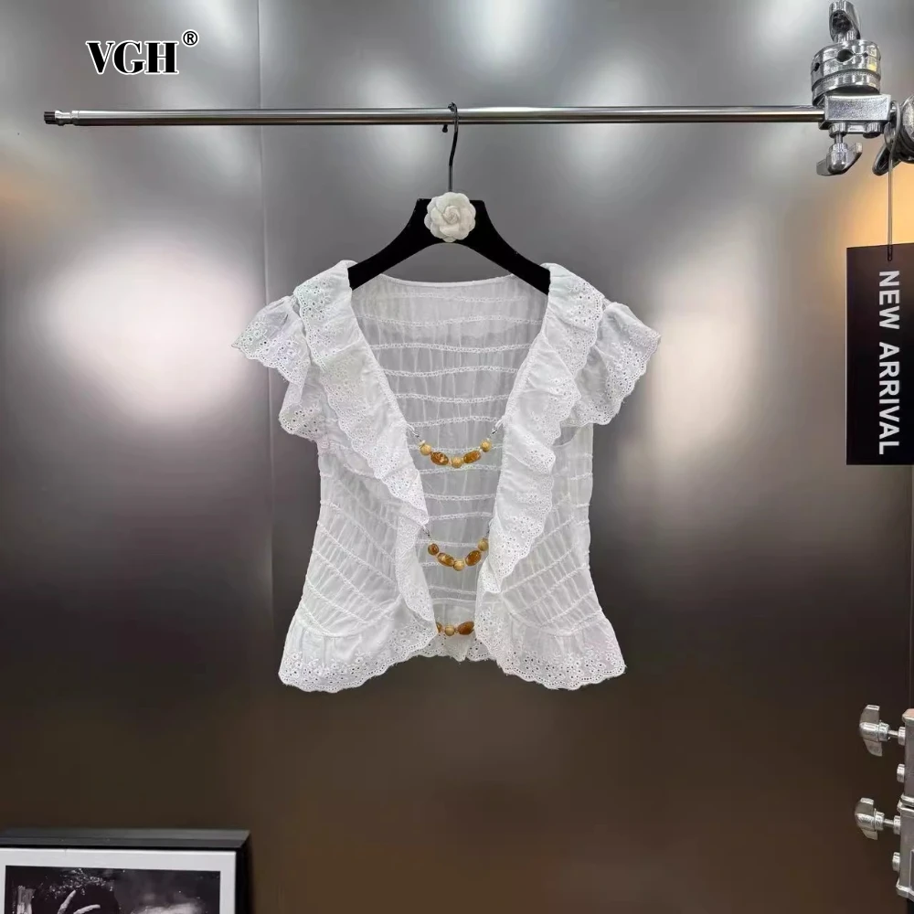 

VGH Basics Solid Patchwork Ruffles Cardigan Shirt for Women Lapel Flying Sleeve Patchwork Beading Slimming Short Shirts Female