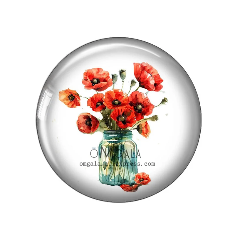 New Watercolor Red Poppy Flower Art Painting 12mm/18mm/20mm/25mm Round photo glass cabochon demo flat back Making findings