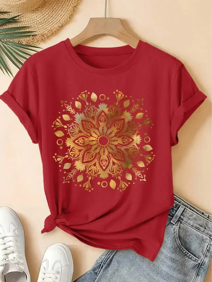 2026 Fashion New Summer Plus Size Women T Shirt Crew Neck Short Sleeve Golden Mandala Print Stretchy Non Sheer Fabric Machine Washable S to 7XL Daily Casual Basic Top Tee