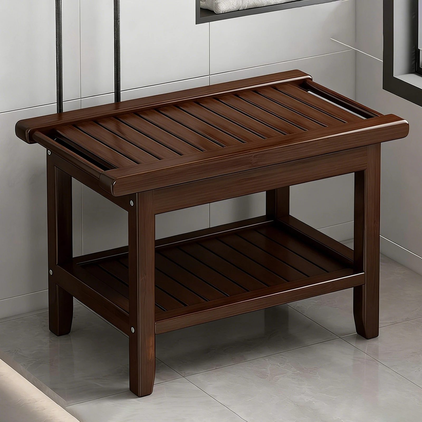 Wooden Bathroom Shower Bench - close-up view