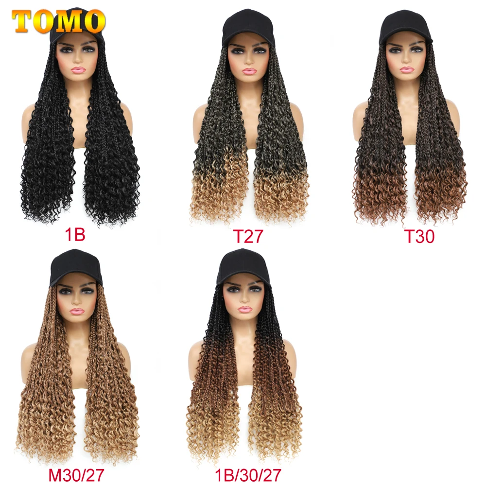 TOMO Baseball Wig Cap With Boho Box Braids Hair Extensions 14 20 24” Adjustable Hat With Synthetic Wig Ombre Long Braiding Hair