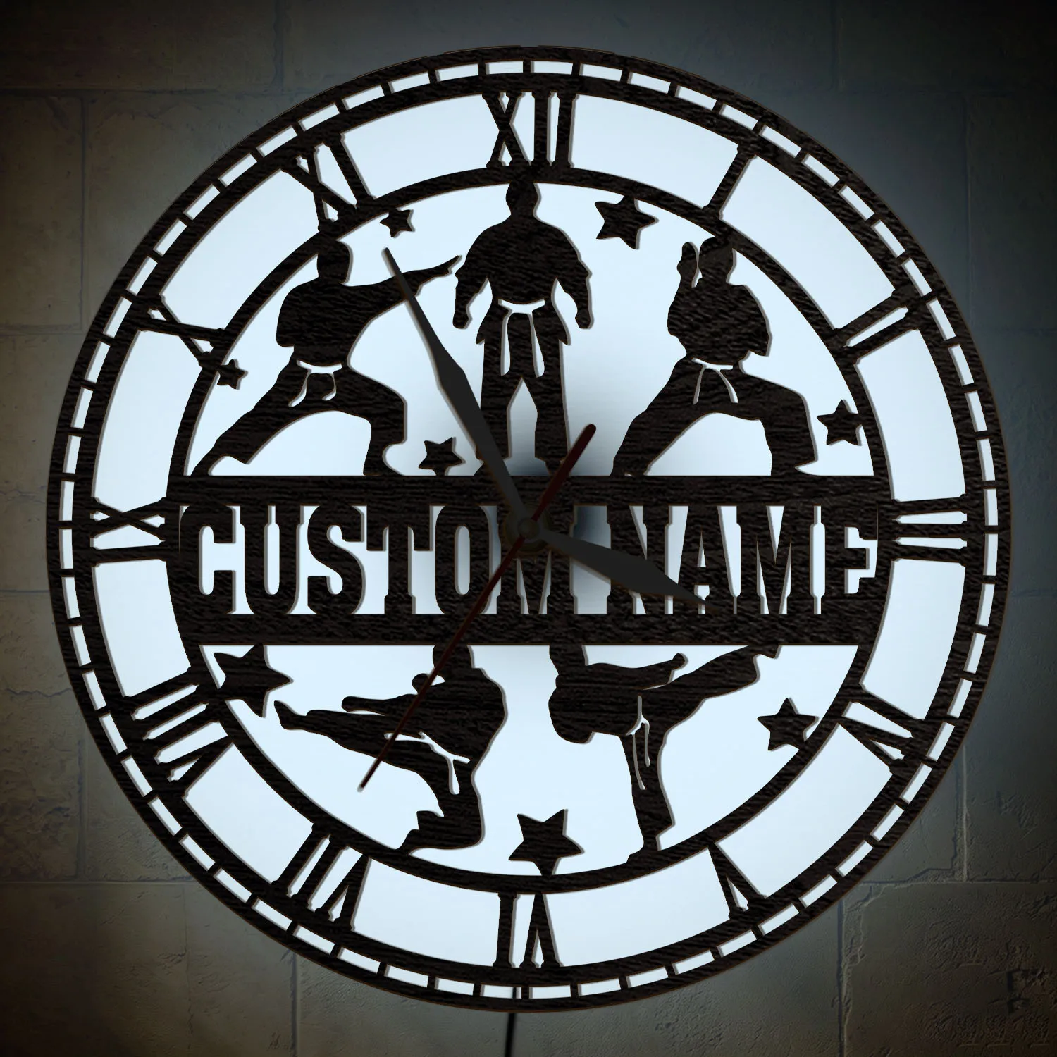 Custom Name Karate Wall Clock with Color‑Changing RGB LED Backlight Personalized Karate Fighter Luminous Night Light Wall Clock