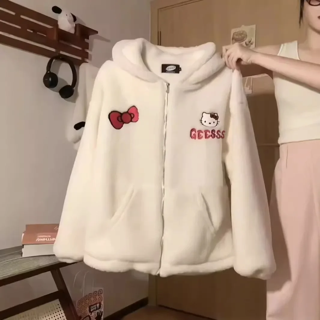 Sanrio Hello Kitty Cardigan bluza z kapturem dla kobiet jesienno-zimowa zagęszczona kreskówka luźna miękka wygodna kurtka