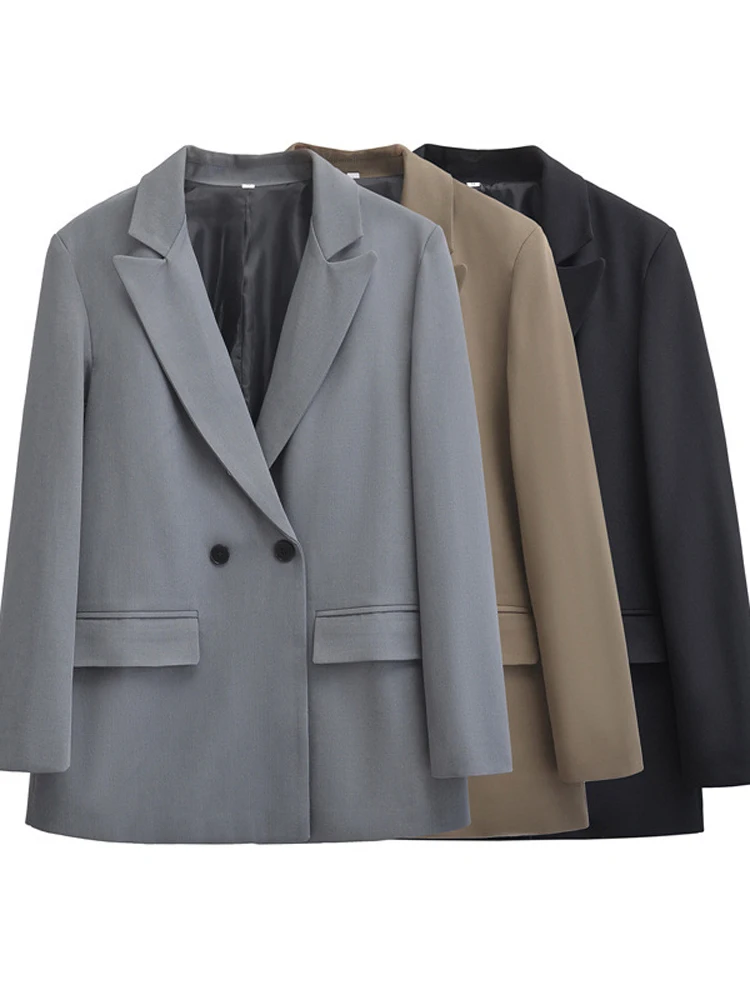 FSMG Casual Suit Lapel Long sleeves Loose Coat For Women Fashion Leisure Double Breasted Straight Blazer New Office Jackets Lady