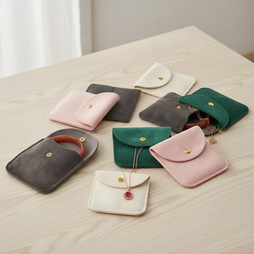 5 Pcs Beige/Green/Grey/Red/Pink Dust Protect Snap Button Velvet Jewelry Bag Storage Pouch Gift Bag Packaging Bag