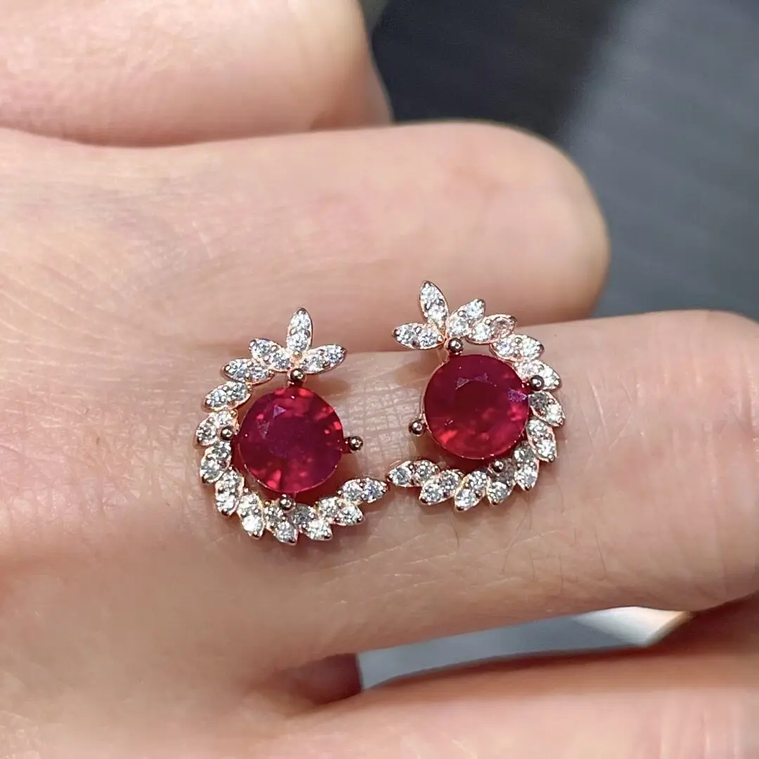 Natural Ruby Stud Earrings 925 Silver Ruby Earrings Gift for Woman 6mm Pigeon Blood Red Ruby Earrings S925 Silver Woman Gift