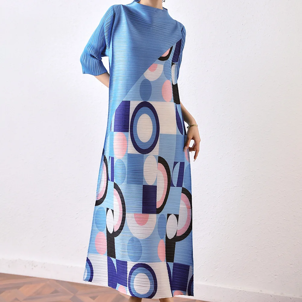 Imagem -02 - Vestido com Estampa Geométrica Plissada de Miyake para Mulheres Gola Alta Saia Solta Alto Grau Moda Verão 2024