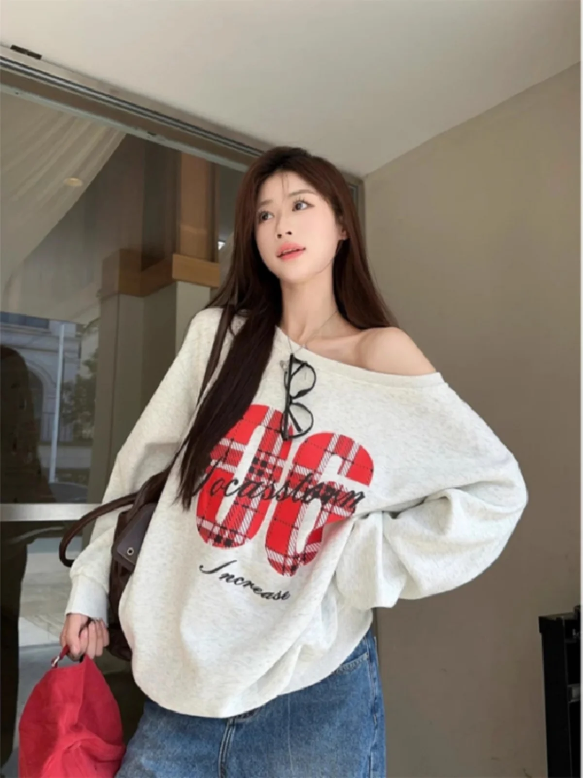 So Lazy, Casual and Young Adult! American Street Feeling Slant Shoulder Loose Sweater Big Neckline Sports Sle off Shoulder ...