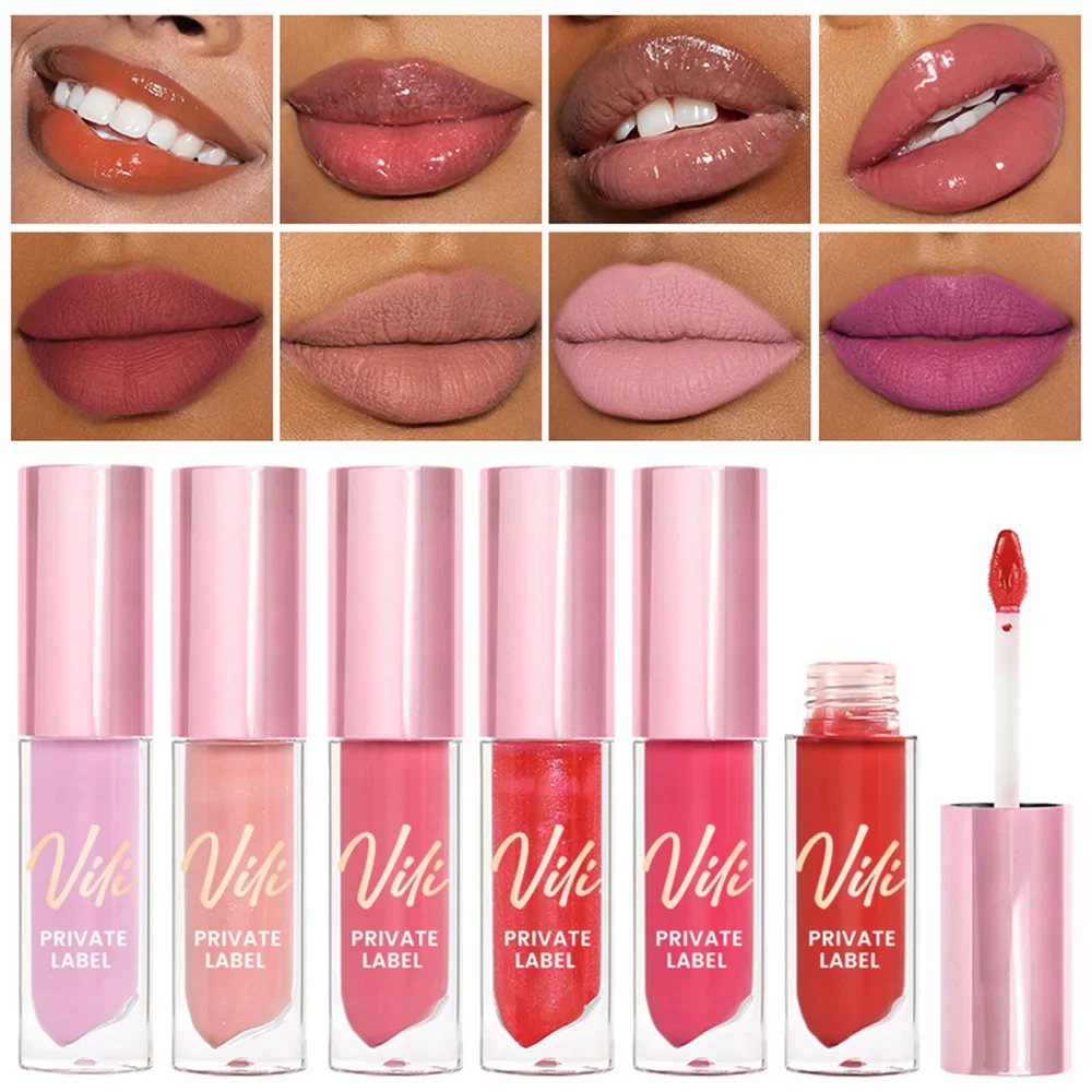 6ml Private Label Lipgloss Custom Bulk 48-color Long-lasting Waterproof High-color Non-stick Pink Cover Round Tube Gloss Makeup