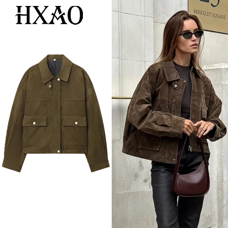 

HXAO Женская кожаная куртка Женская куртка-бомбер Топ с длинными рукавами Женская демисезонная куртка Замшевая стеганая куртка Женский топ