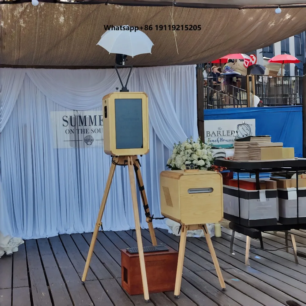 Double-Sided Retro Wooden Photo Booth with Touch Screen Printer Stand Compatible with DSLR Cameras and IPad Flash Stand