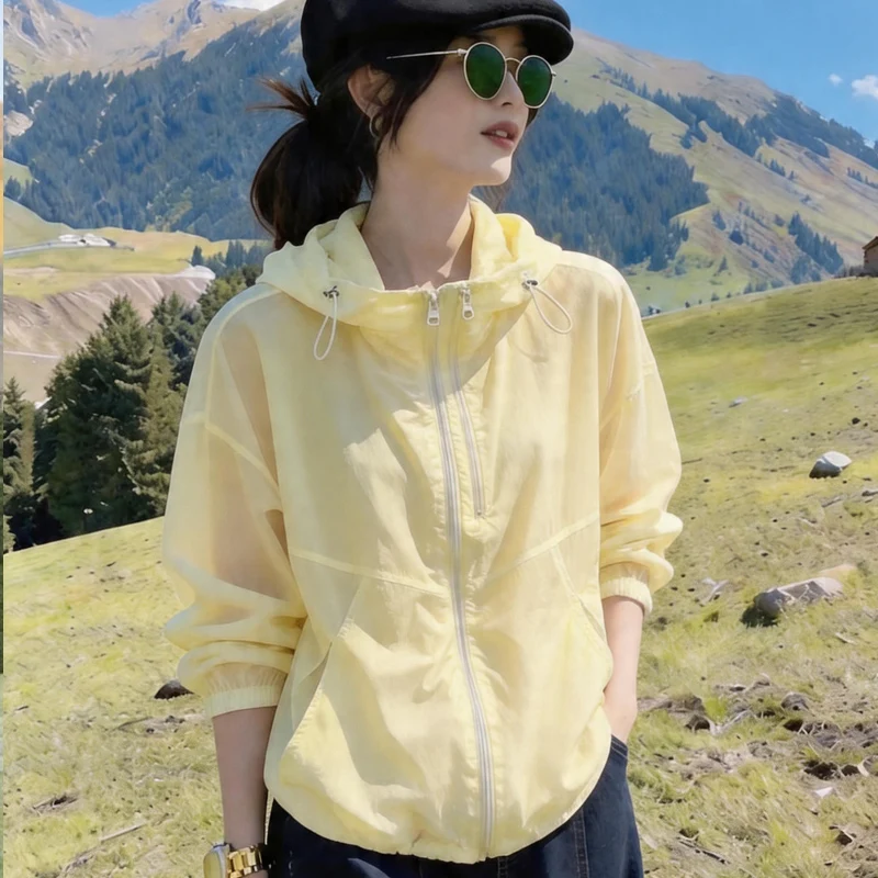 Ultra-Thin Double Zipper Loose Fit Small Size Sun Protection Jacket Outdoor Lazy Style Long Sleeve Polyester Hooded Coat