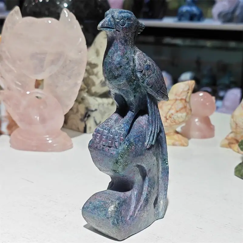 Natural Sapphire Phoenix Carving Reiki Healing Fengshui Stone Gift Home Office Decoration Gift 1PCS