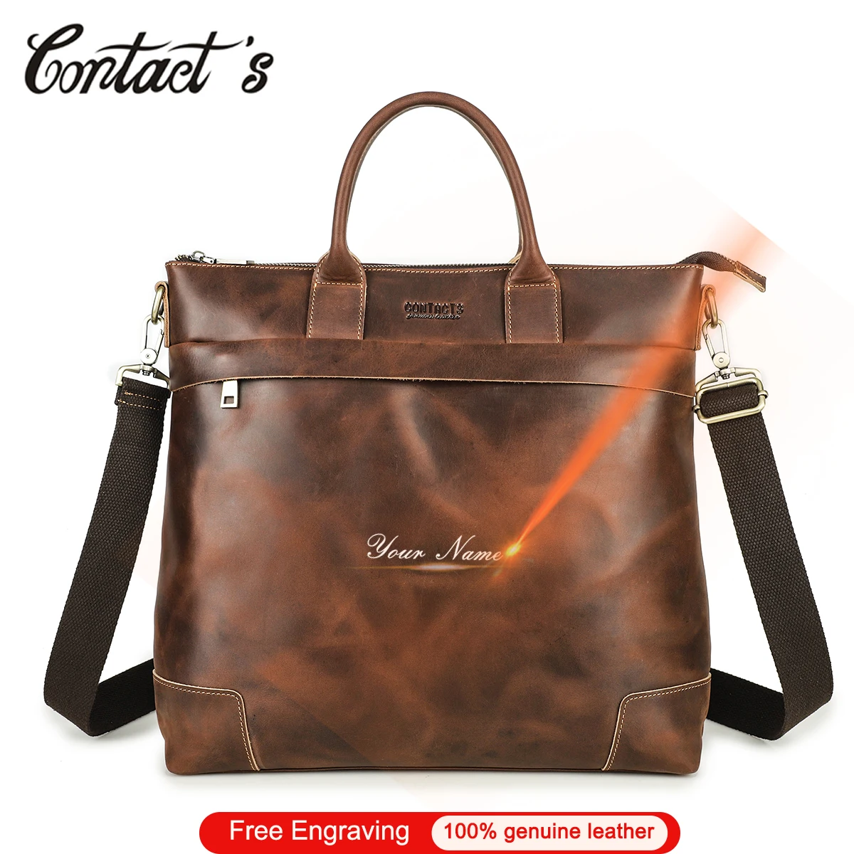 

Contact's Vintage Oil Leather Men's Briefcases 14.2 Inch Laptop Bag Business Handbags Messenger Bags Male Crossbody Bag