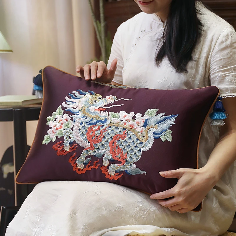 Retro Kylin Pillows Luxury Embroidery Cushion Case Chinese Traditional Decorative Pillow Cover For Sofa Chair Home Decorations