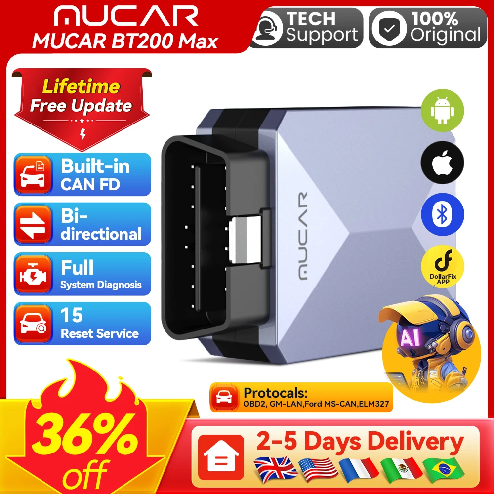 

MUCAR BT200 Max Car OBD2 Diagnostic Tool All System Diagnosis Bi-directional Scanner ELM 327 CANFD15 Reset Lifetime Free Update