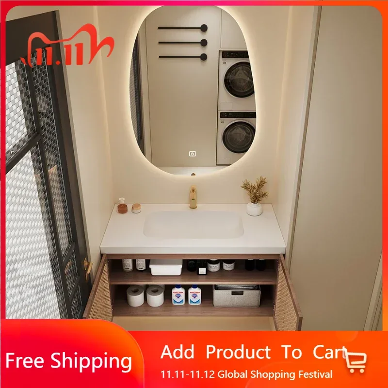 

Perfume Vine Woven Bathroom Cabinets Rock Slab Integrated Washbasin Log Color Bathroom Cabinet Nordic Gabinete Home Furniture