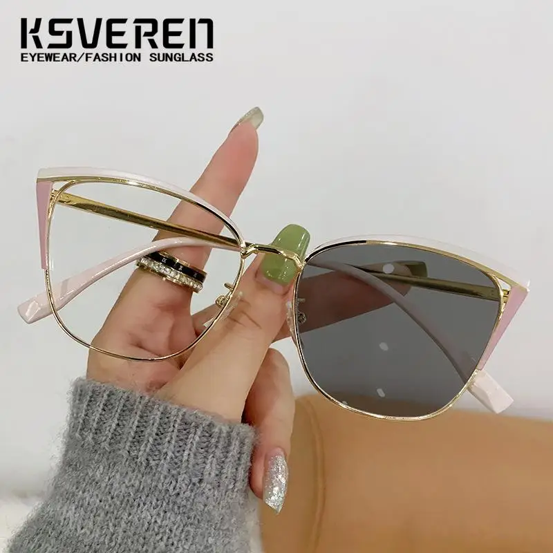 Women Metal Photochromic Reading Glasses Cat Eye Alloy Finished Presbyopic Glasses Outdoor Color Changing Driving Eyewear