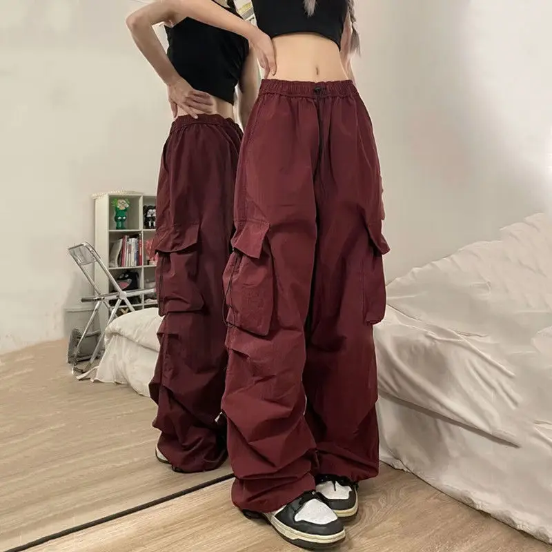 Spring Autumn Hip Hop Street Elastic High Waist Drawstring Women's Solid Spliced Pockets Folds Loose Straight Casual Cargo Pants