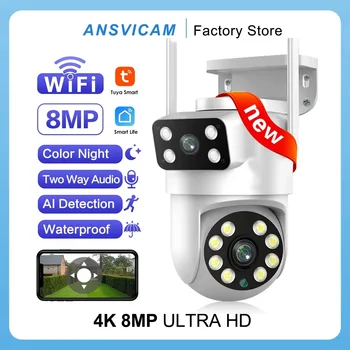 Tuya 야외 무선 보안 IP 카메라 4K 8MP HD 듀얼 렌즈 외부 Wifi PTZ 카메라 자동 추적 거리 감시 카메라
