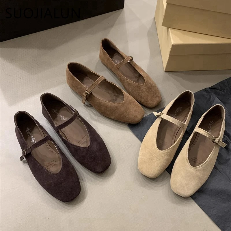 SUOJIALUN 2024 Autumn Women Flat Shoes Fashion Round Toe Ladie Ballerinas Shoes Soft Flat Heel Outdoor Casual Mary Jane Shoes