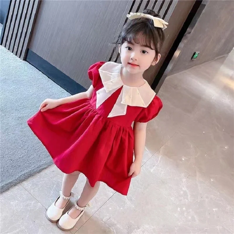 1-4YChildren\'s dress for girls 2023 summer new bubble sleeve red fashion princess dress sweet dress for baby girls