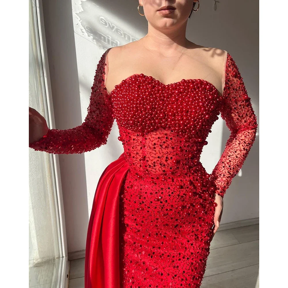 Customized Araibc Pearls Mermaid Evening Dresses for Women O Neck Long Sleeves Formal Prom Wedding Party robes de soirée 2025