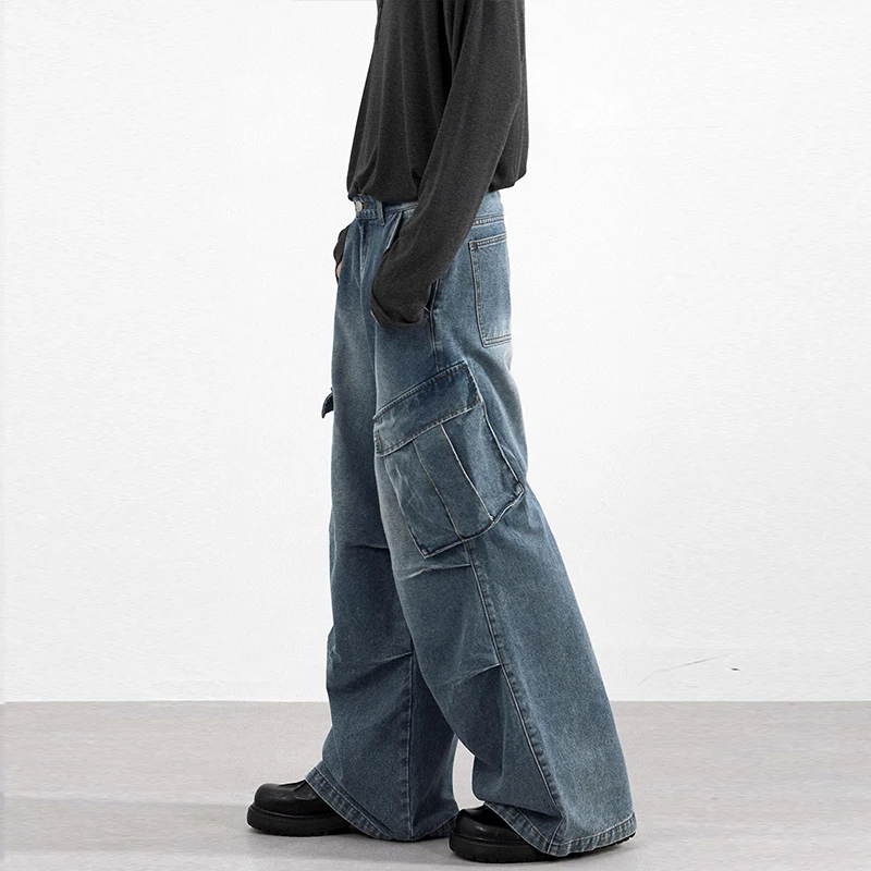 

2025 autumn street multi pocket workwear unisex jeans for men and women fashion Y2K trend loose wide leg pants