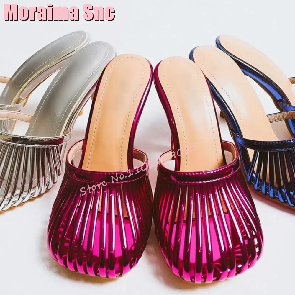 Fashion Hollow Round Toe Women\'s Slippers Stiletto High Heeled Slip On Patent Leather Silver Solid Ladies Shoes Summer Slides